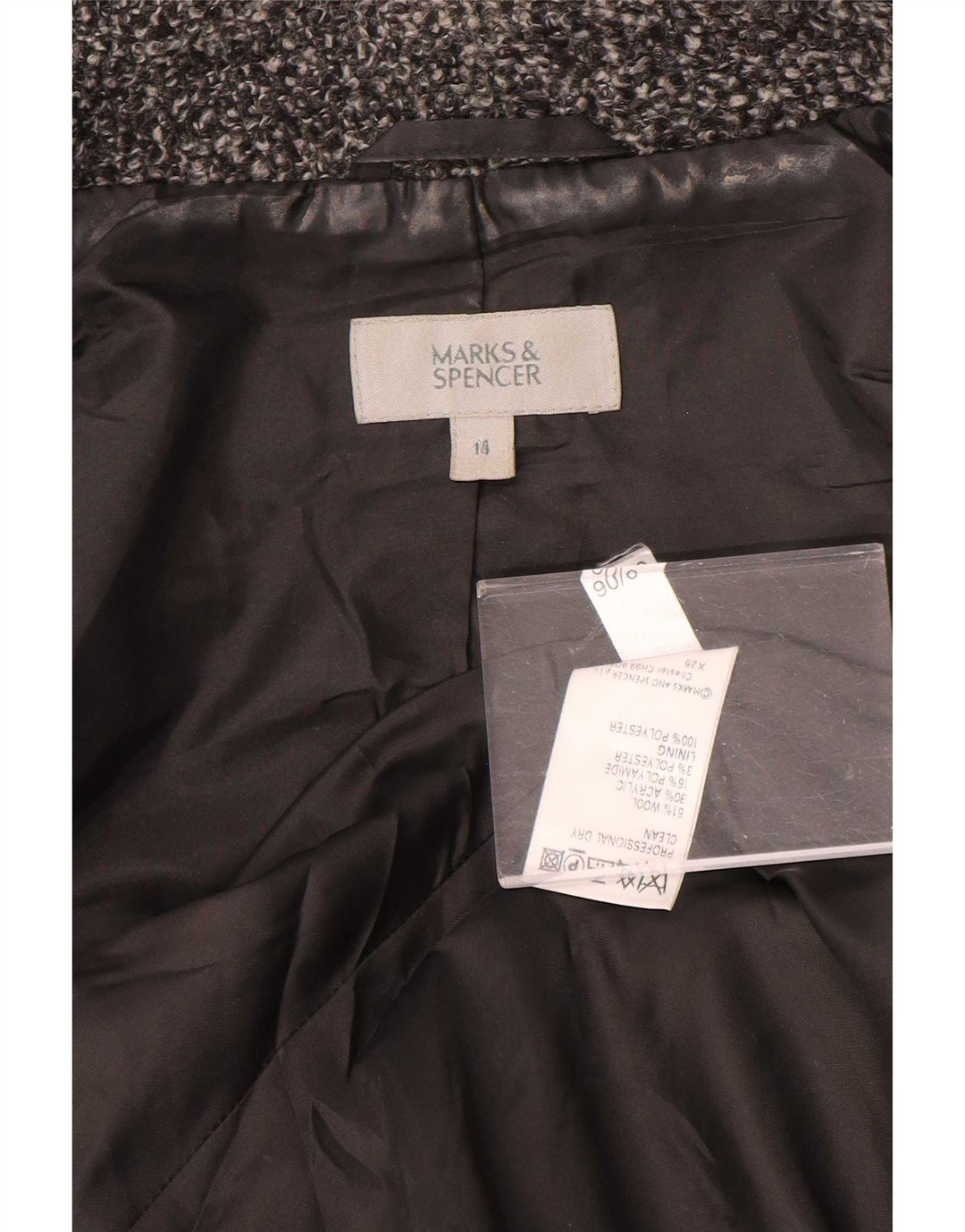 Marks & Spencer Damska marynarka zapinana na 2 guziki UK 14, duża, szara, wełniana plamki