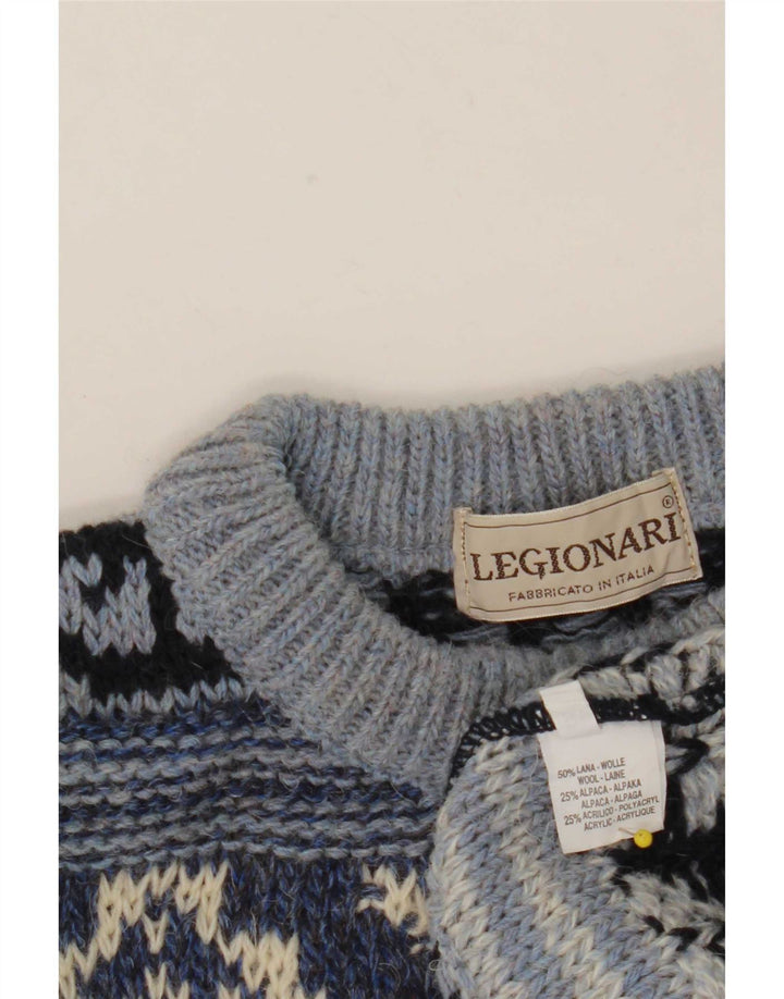 Vintage męski sweter z okrągłym dekoltem IT 48 średni niebieski Fair Isle Wool