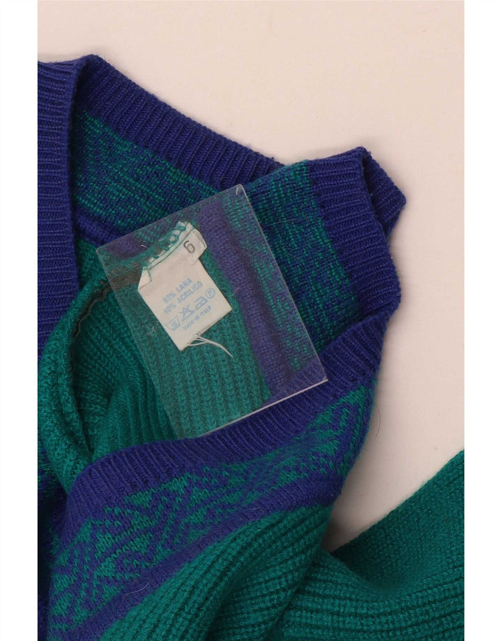 Vintage męski sweter z dekoltem w szpic, duży, zielony, geometryczny wełniany