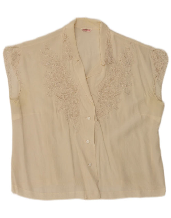 Vintage Womens Sleeveless Shirt Blouse EU 40 Medium Off White Floral Silk