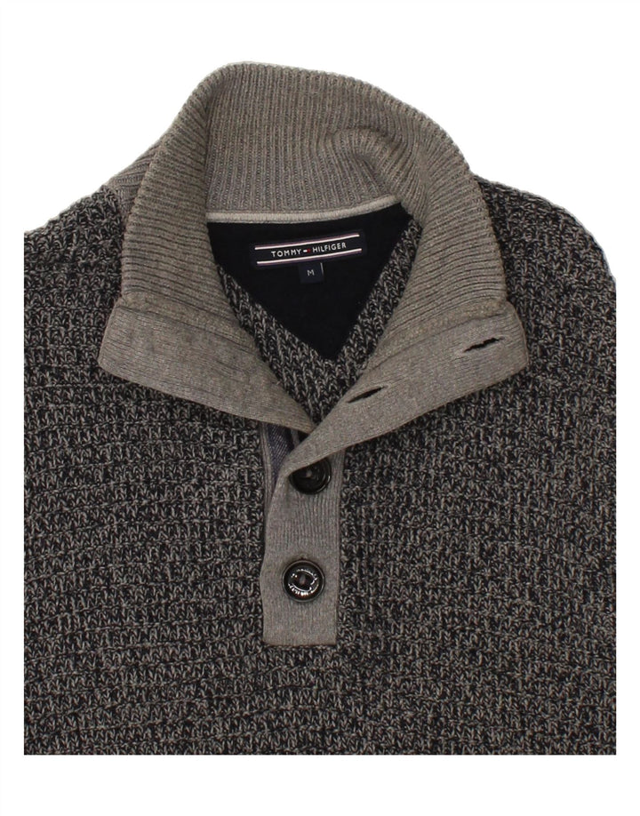 TOMMY HILFIGER Mens Button Neck Jumper Sweater Medium Grey Flecked Cotton Vintage Tommy Hilfiger and Second-Hand Tommy Hilfiger from Messina Hembry 