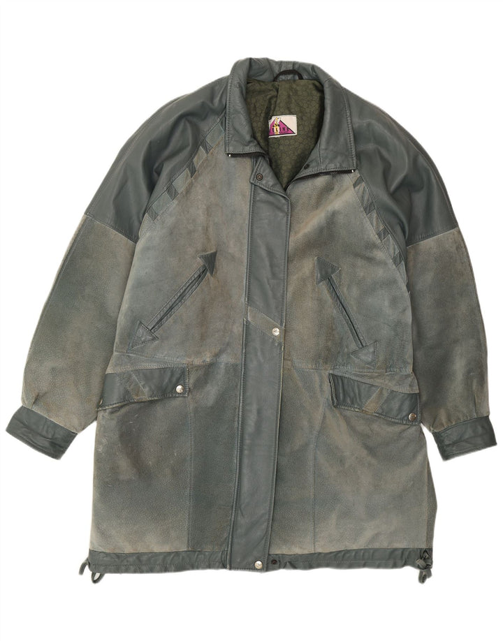 Vintage damski płaszcz skórzany UK 22 2XL niebieski