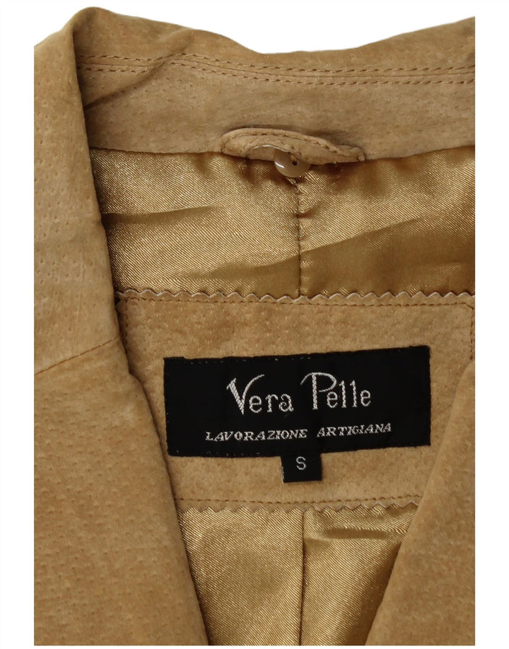 Vintage damska marynarka zapinana na 2 guziki, UK 10, mała, beżowa skóra