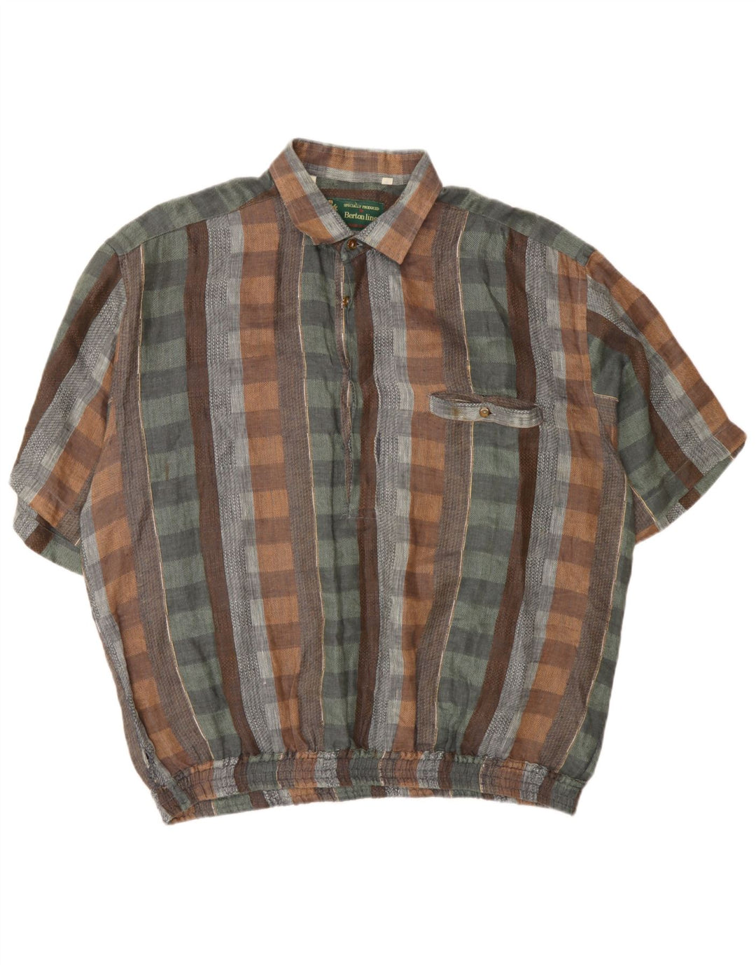 Vintage męska koszula pulowerowa z krótkim rękawem XL, wielokolorowa lniana krata
