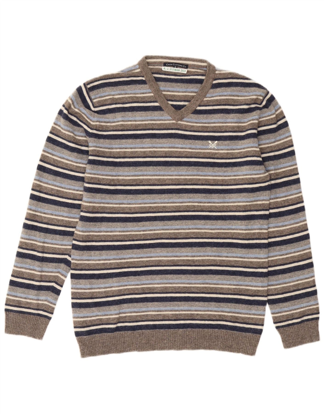 Crew Clothing Męski sweter z dekoltem w kształcie litery V, średniej wielkości wełniany szary w paski