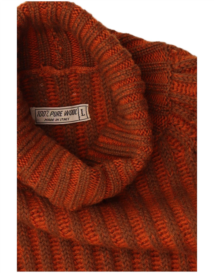 Vintage męski sweter z wywijanym dekoltem, duża, wełniana w pomarańczowe paski