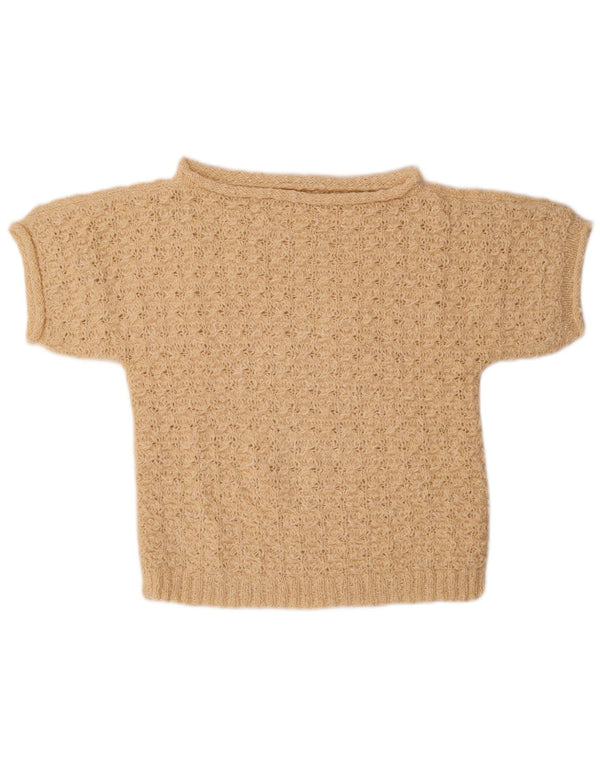 Vintage damski sweter z krótkim rękawem i dekoltem w łódkę UK 14 średni beż