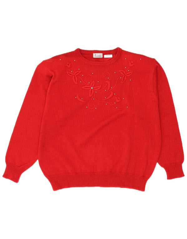 Damski sweter z okrągłym dekoltem Julietta UK 24 4XL Czerwony kwiatowy poliakryl