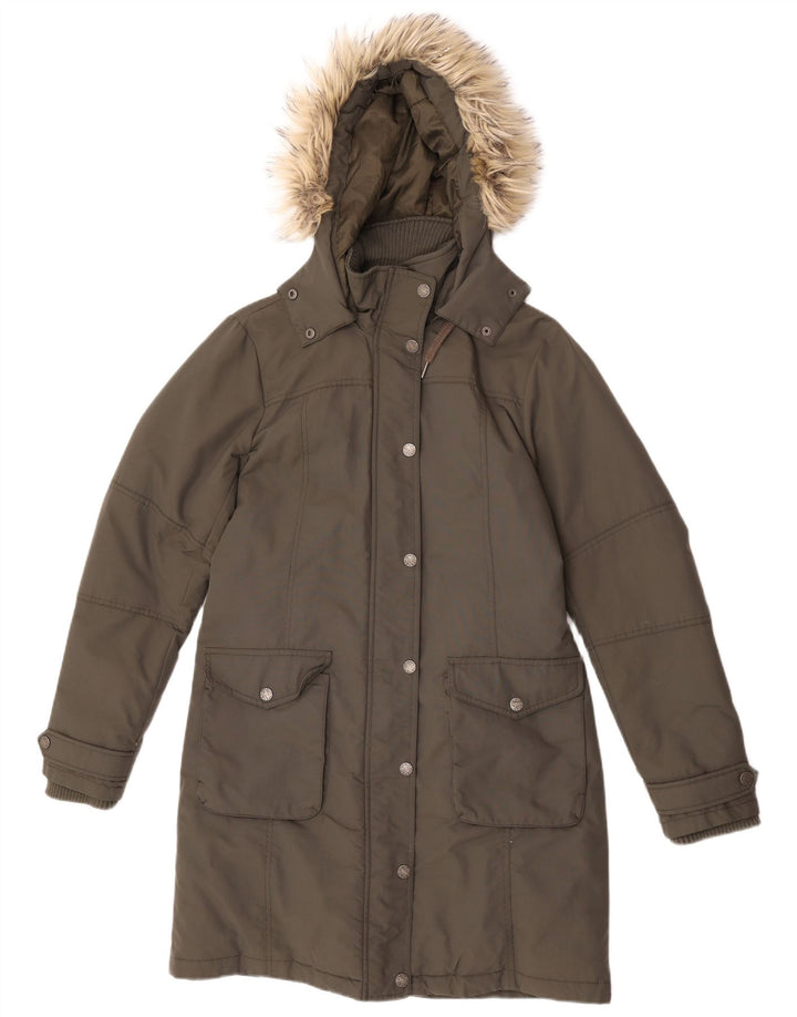 Damski ocieplany płaszcz z kapturem Fat Face UK 12, średni nylon khaki