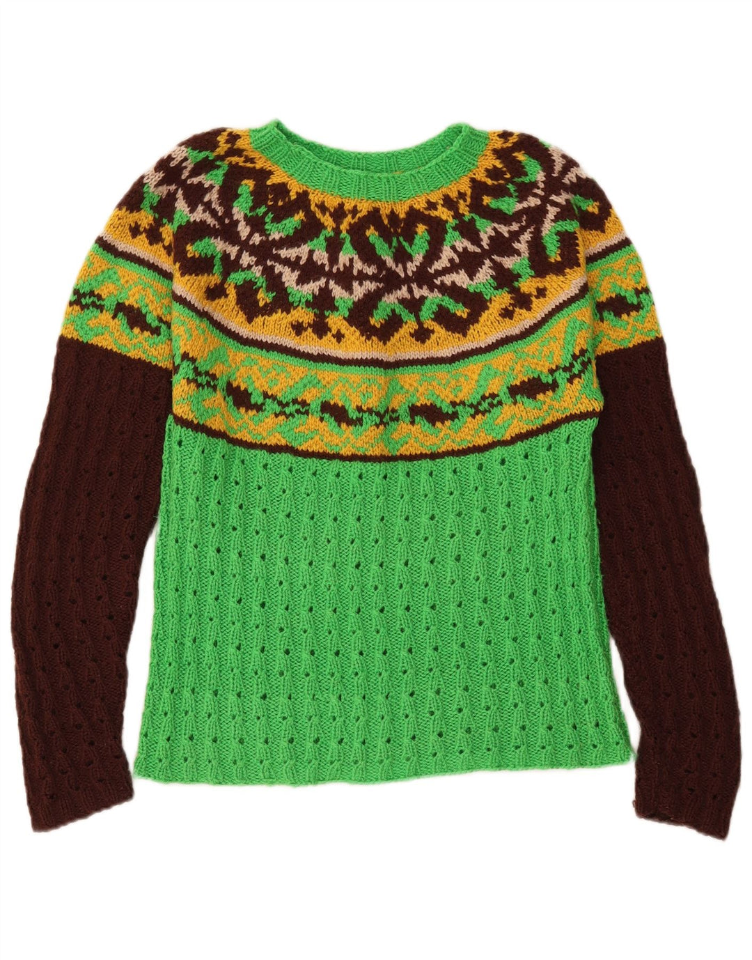 Sweter damski VINTAGE z dekoltem w łódkę UK 12 Średni zielony Fair Isle