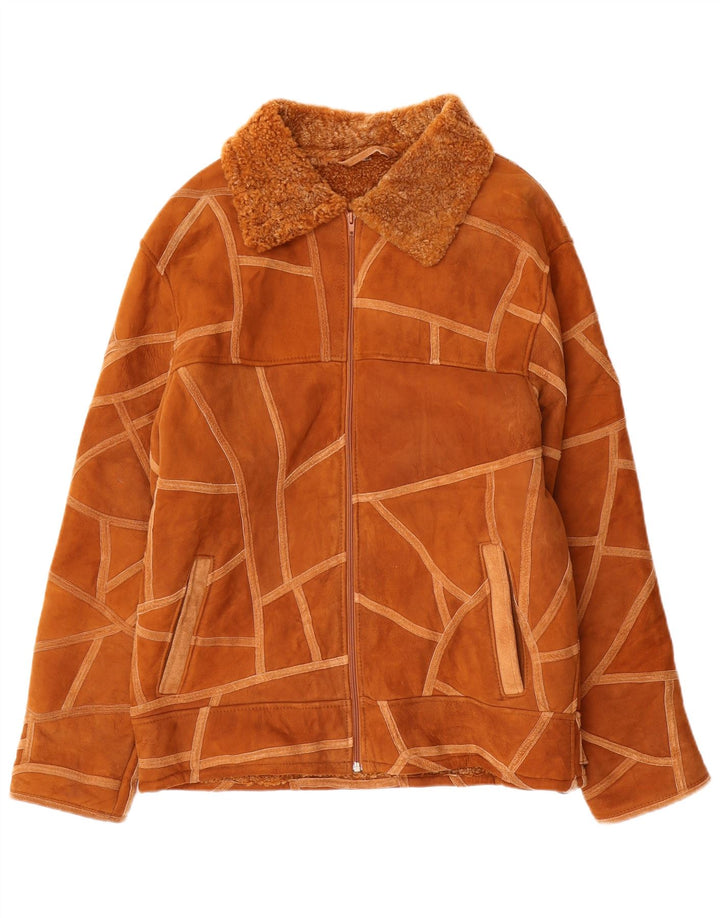 Damska kurtka shearling w stylu vintage UK 14 Średni brązowy geometryczny