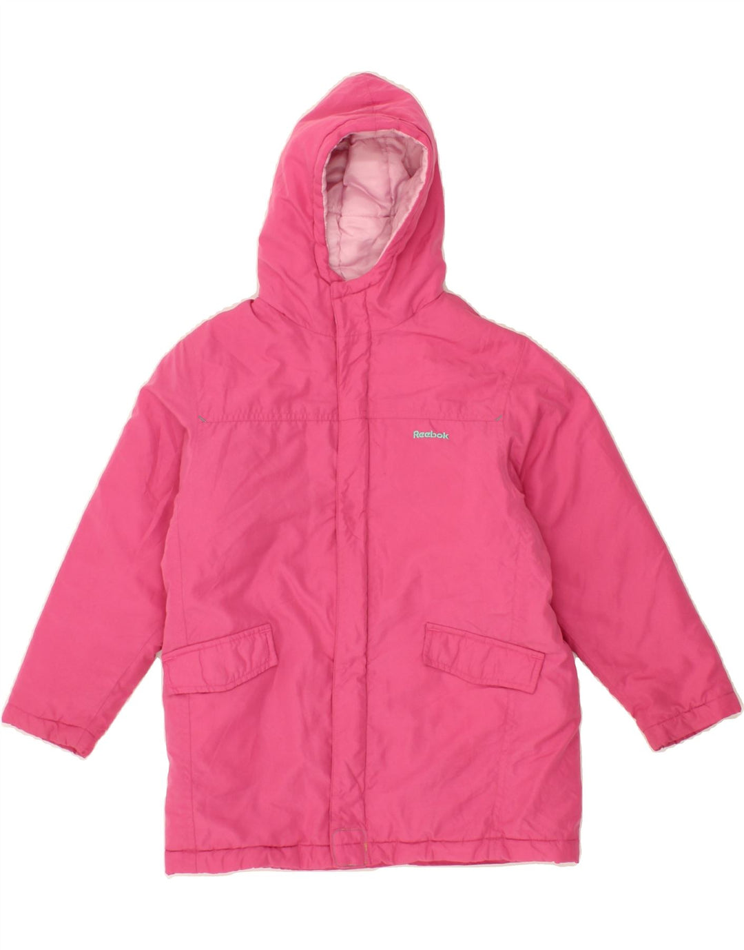 REEBOK Girls Hooded Padded Jacket 7-8 Years Pink Polyester Vintage Reebok and Second-Hand Reebok from Messina Hembry 