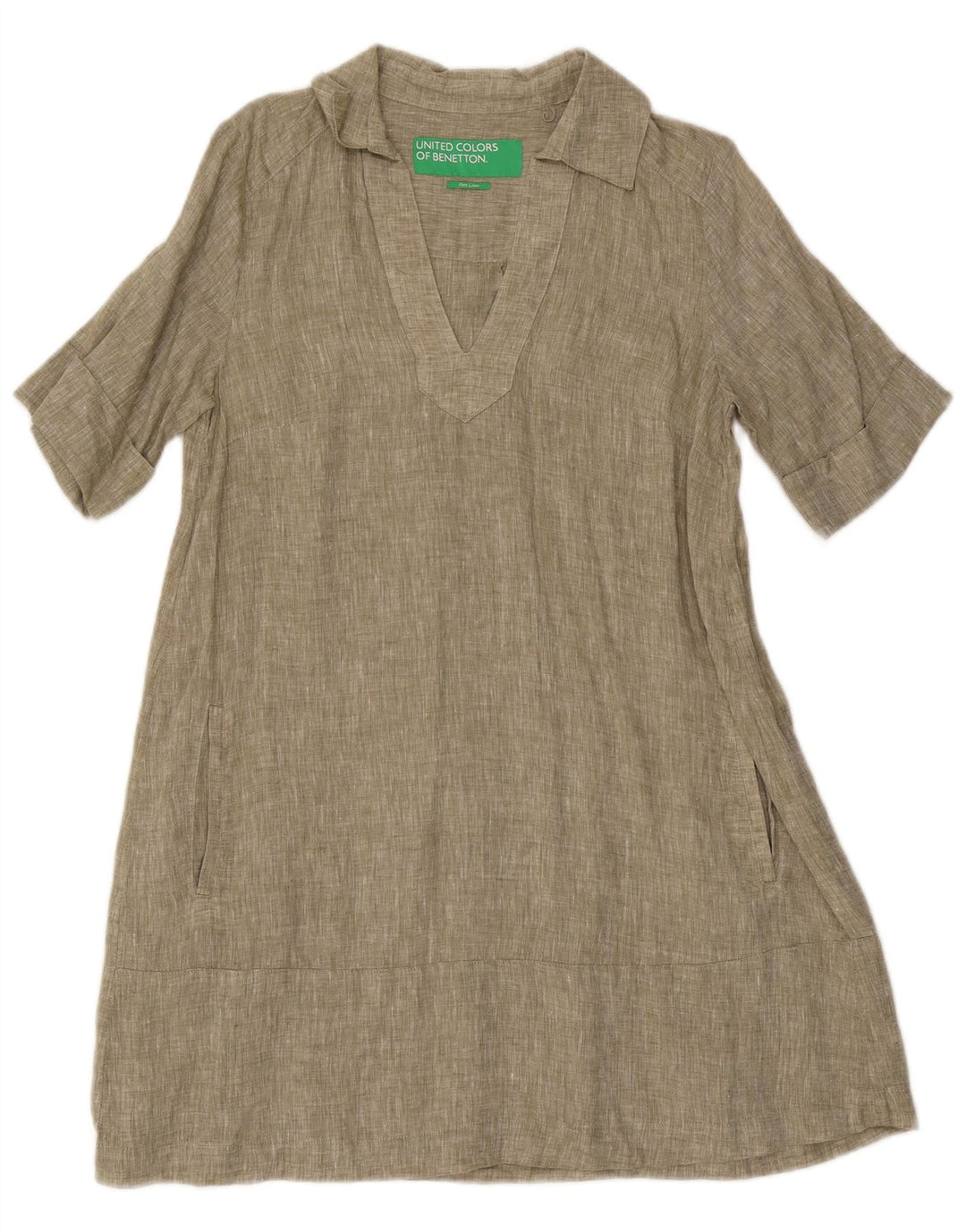 Damska sukienka o linii A Benetton UK 14, średnia, lniana khaki