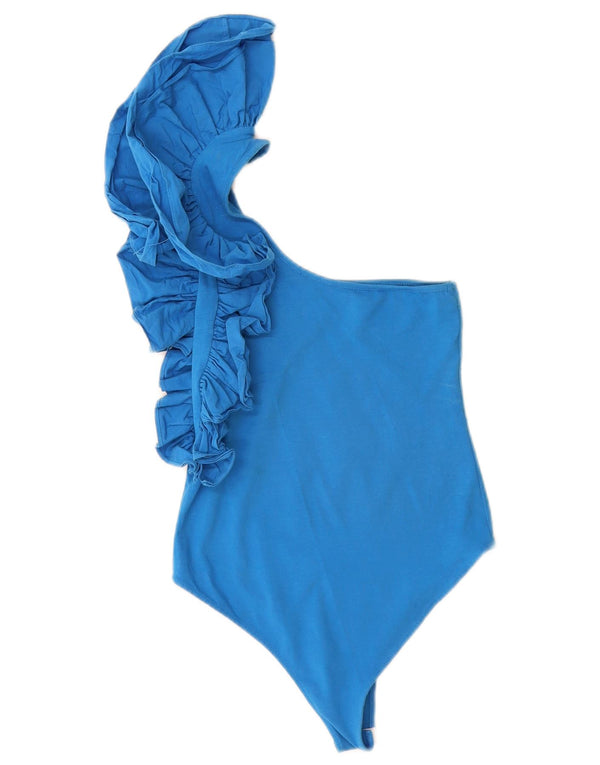 Body damskie Zara z falbaną na jedno ramię, UK 8, małe, niebieskie, bawełniane