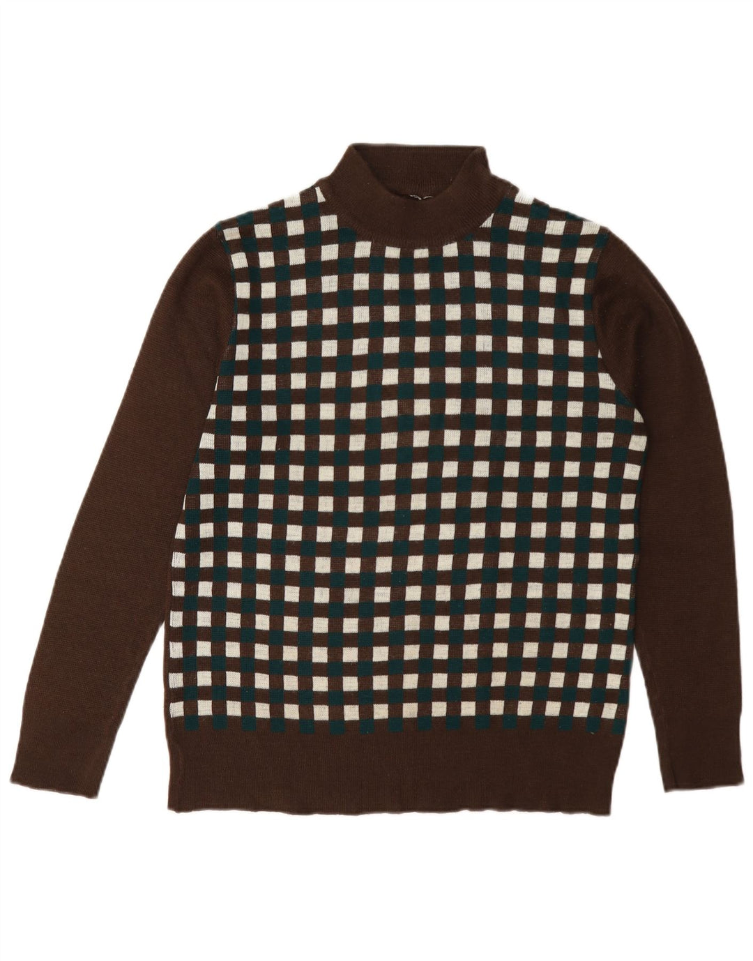 Sweter damski w stylu vintage z golfem UK 12 Średni brązowy geometryczny