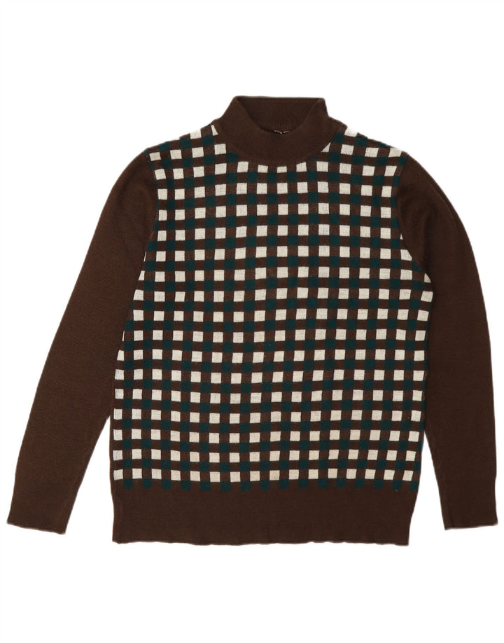 Sweter damski w stylu vintage z golfem UK 12 Średni brązowy geometryczny