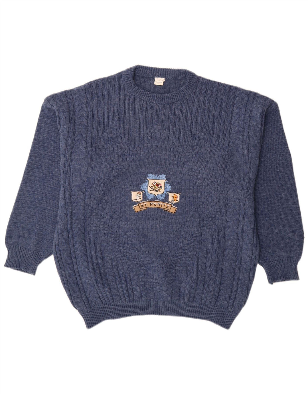 Męski sweter St Moritz z graficznym wycięciem pod szyją, duży, niebieski, wełniany
