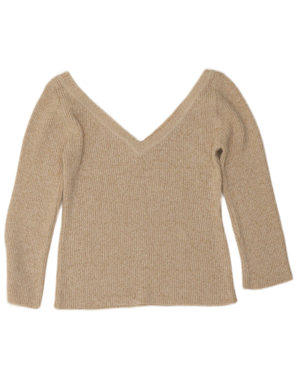 Sweter damski Zara z krótkim rękawem 3/4 i dekoltem w kształcie litery V, UK 14, duży, beżowy, nakrapiany