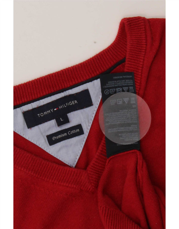 Męski sweter Tommy Hilfiger z dekoltem w kształcie litery V, duży, czerwony, bawełniany