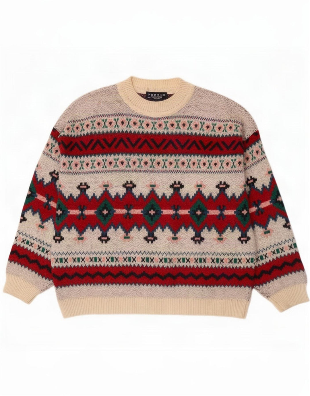 Vintage męski sweter z okrągłym dekoltem XL, wielobarwna, geometryczna wełna