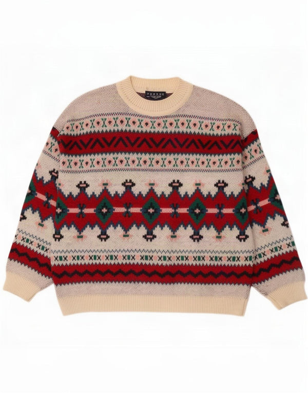 Vintage męski sweter z okrągłym dekoltem XL, wielobarwna, geometryczna wełna