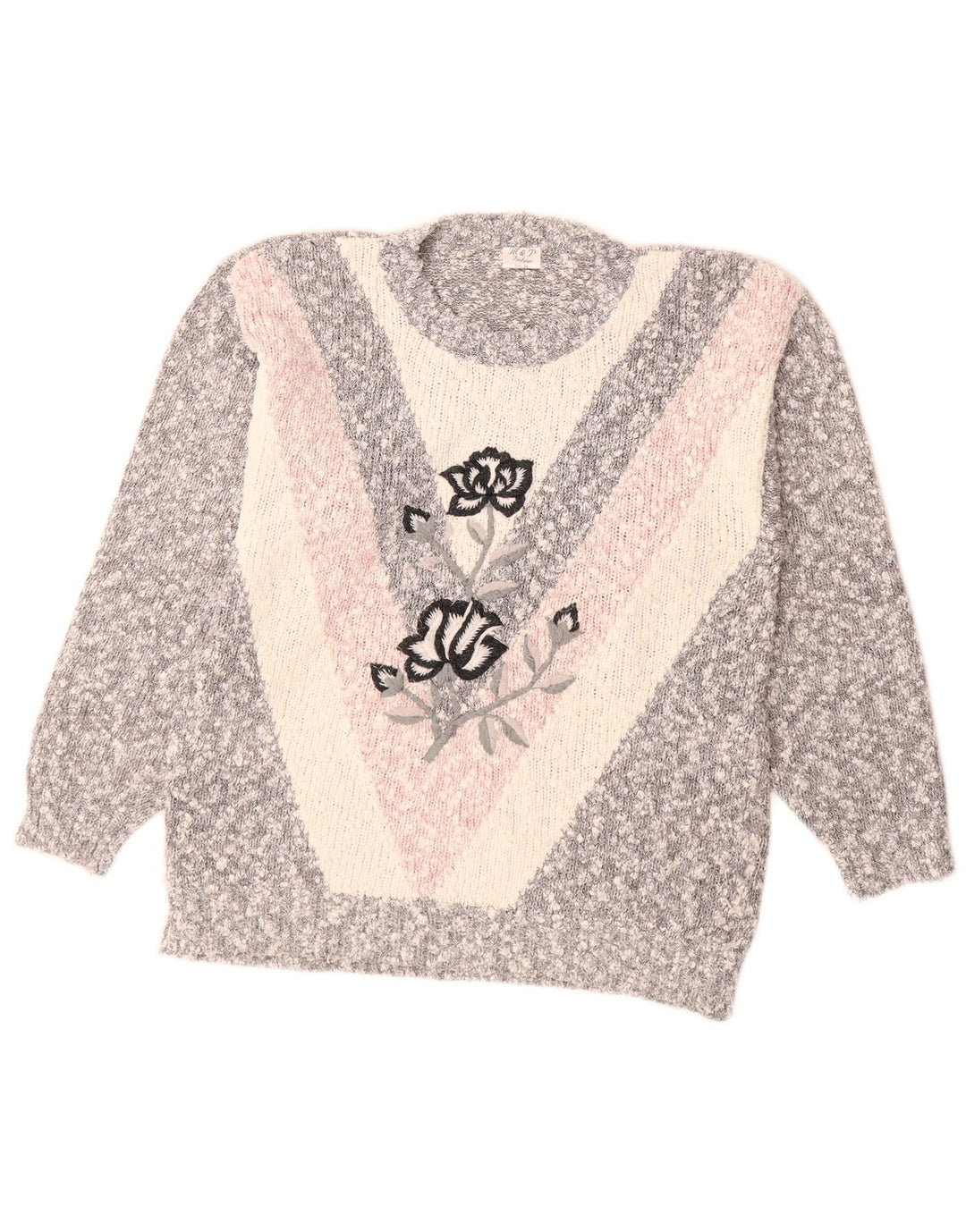 Damski sweter z okrągłym dekoltem w stylu VINTAGE UK 14, średnioszary, blok kolorów