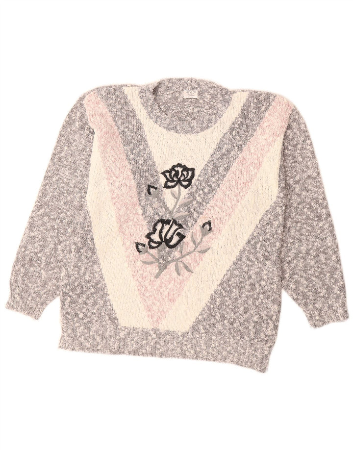 Damski sweter z okrągłym dekoltem w stylu VINTAGE UK 14, średnioszary, blok kolorów