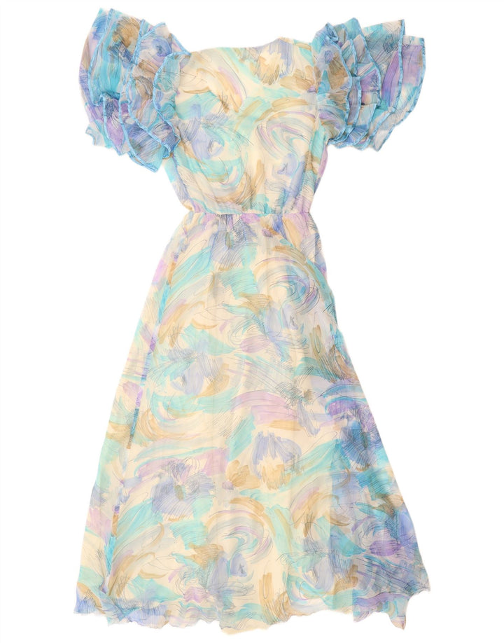 Damska sukienka maxi w stylu VINTAGE w abstrakcyjny wzór UK 12 Średni niebieski