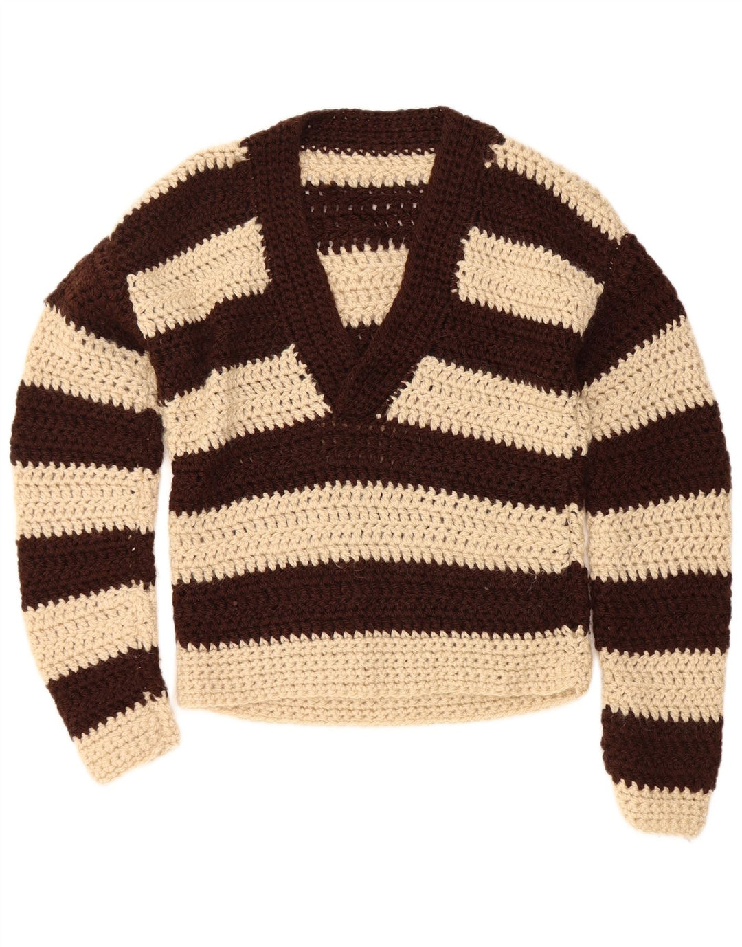 Sweter damski w stylu vintage z dekoltem w kształcie litery V, UK 12, średnie brązowe paski