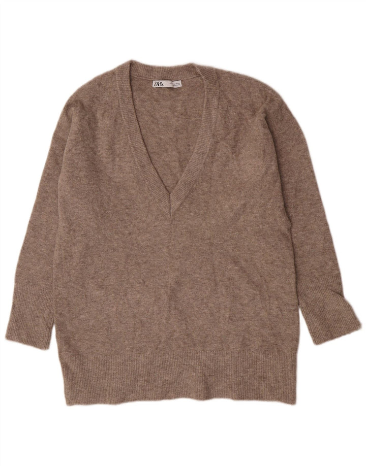 Sweter damski Zara Oversize z dekoltem w kształcie litery V, UK 10, mały, brązowy, nakrapiany