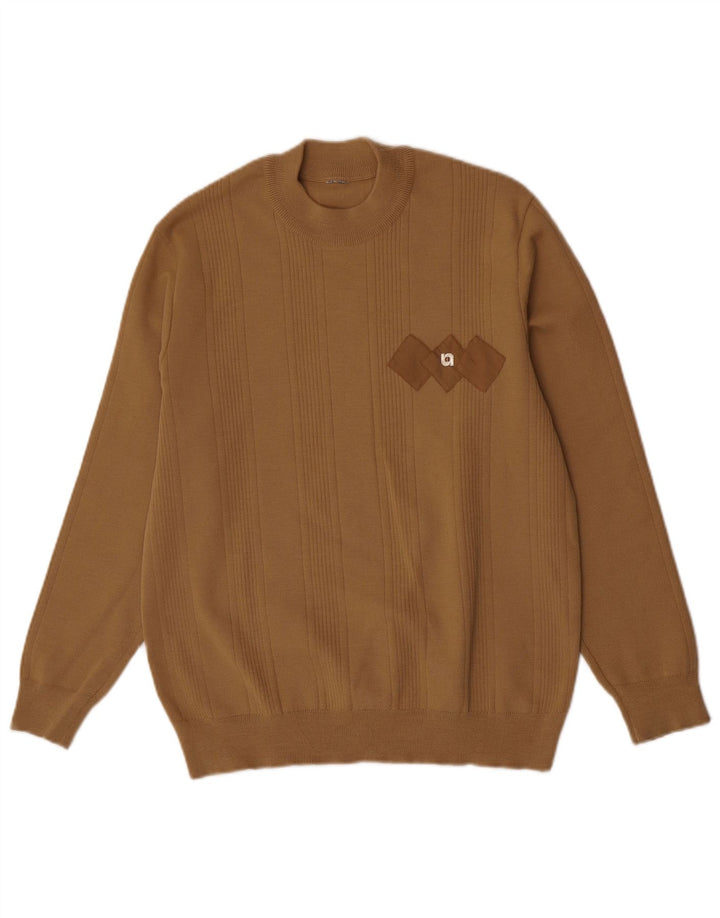 Męski sweter z okrągłym dekoltem w stylu vintage, średni brąz