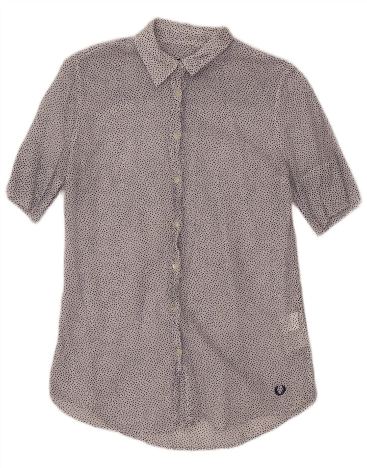 Damska prześwitująca koszula Fred Perry UK 14, duża, biała, bawełniana w cętki