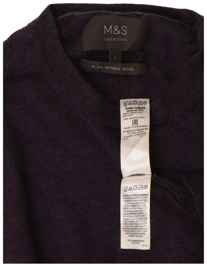 Marks & Spencer Męski sweter z okrągłym dekoltem, duży, fioletowy, wełniany