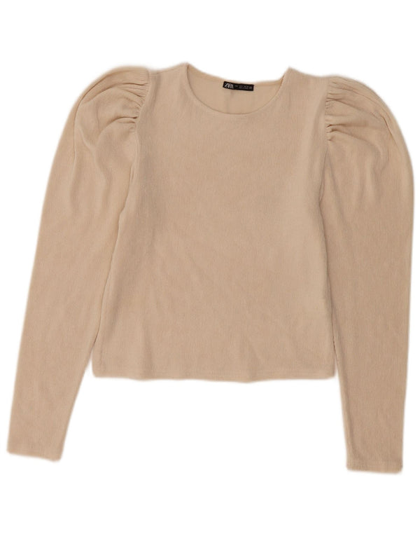 Zara Womens Crop Long Sleeve Blouse Top UK 10 Small Beige Polyester