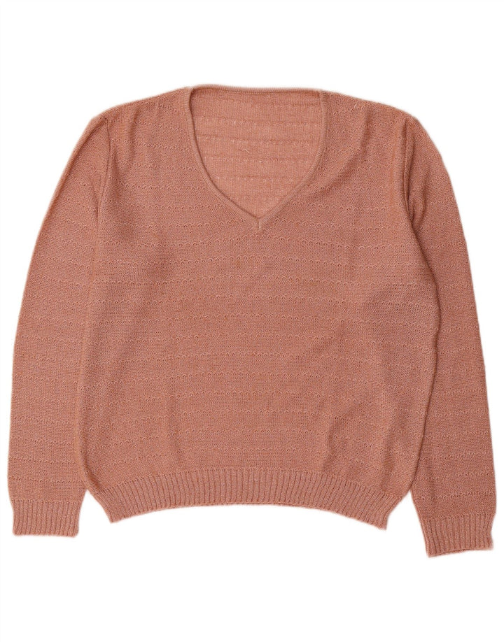 Sweter damski w stylu vintage z dekoltem w kształcie litery V, UK 16, w duże różowe paski