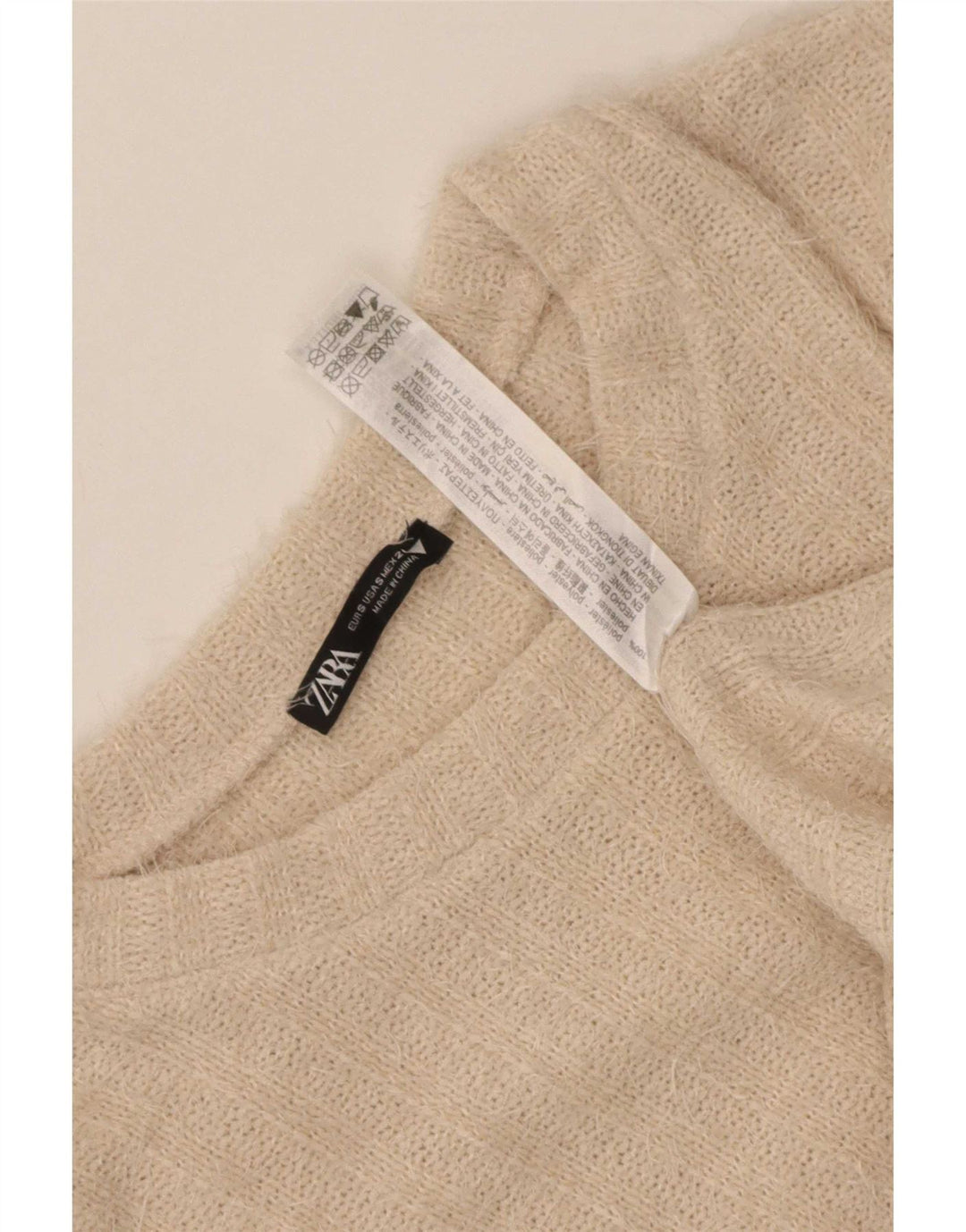 Damski sweter Zara z okrągłym dekoltem, UK 10, poliester w małe beżowe paski