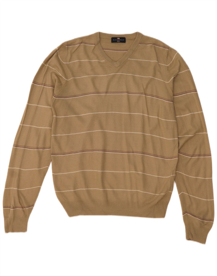 Męski sweter Marks & Spencer Blue Harbor z dekoltem w kształcie litery V, w małe beżowe paski