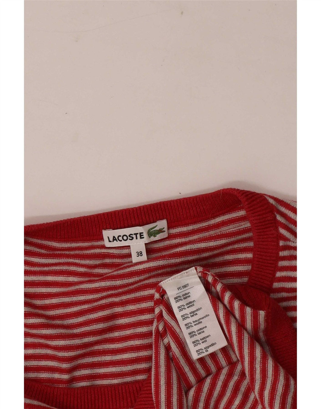 Damski sweter Lacoste z okrągłym dekoltem, rozmiar 38, średnie czerwone paski