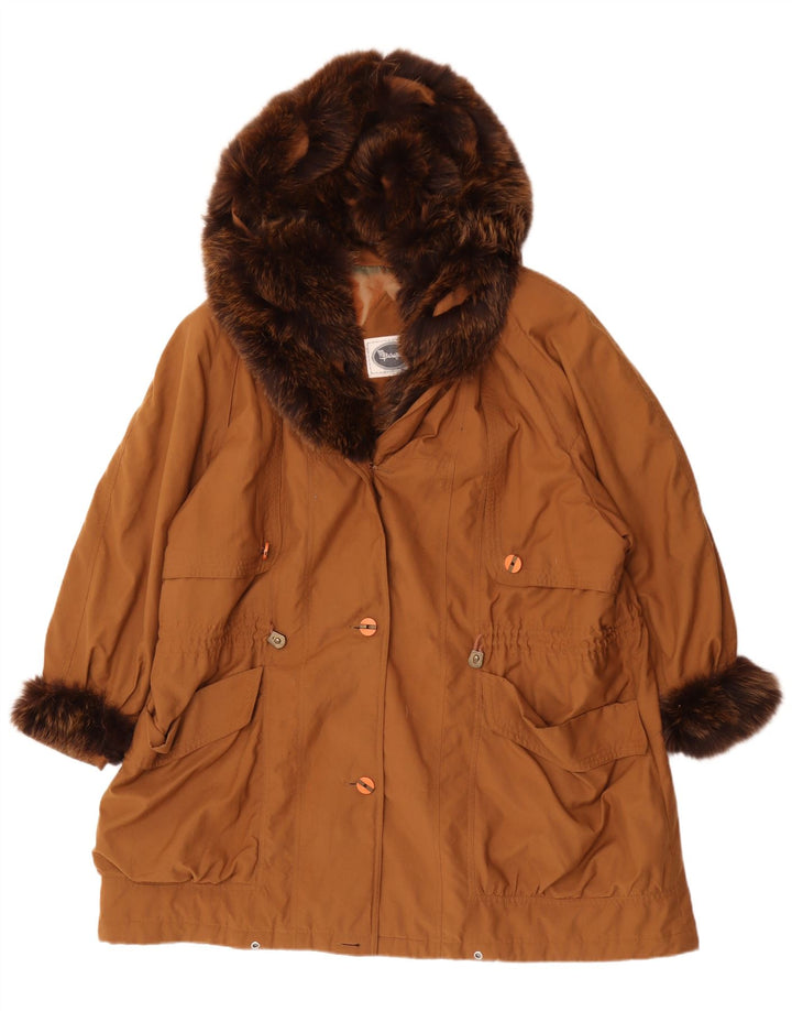 Vintage damski płaszcz oversize z kapturem UK 18 XL, brązowy poliester