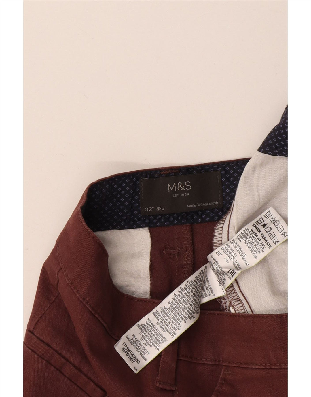 Marks & Spencer Męskie spodenki Chino W32 Średni bordowy bawełniany