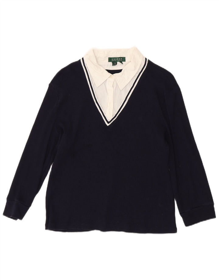 RALPH LAUREN Damski top z rękawem 3/4, UK 18 XL, granatowy, bawełniany z blokami kolorów