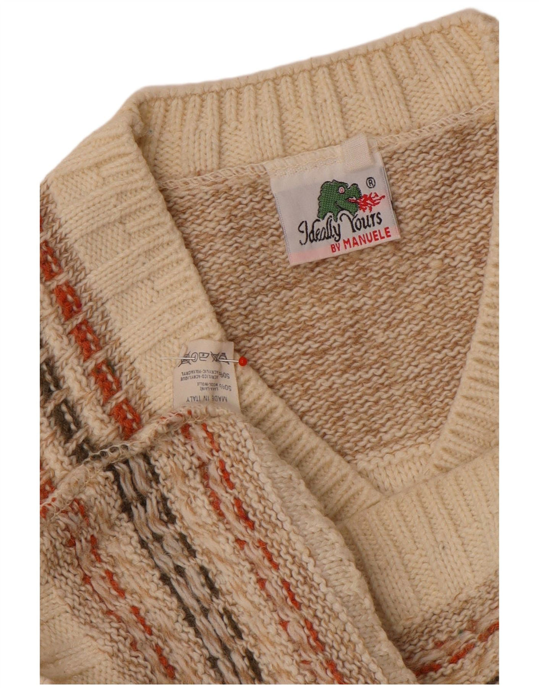 Męski sweter w stylu vintage z dekoltem w szpic, wełniany w średnie beżowe paski