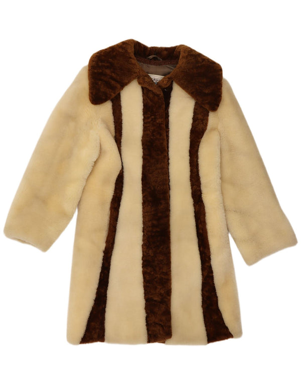 Damski płaszcz ze sztucznego futra Kara UK 10 Small Beige Colourblock