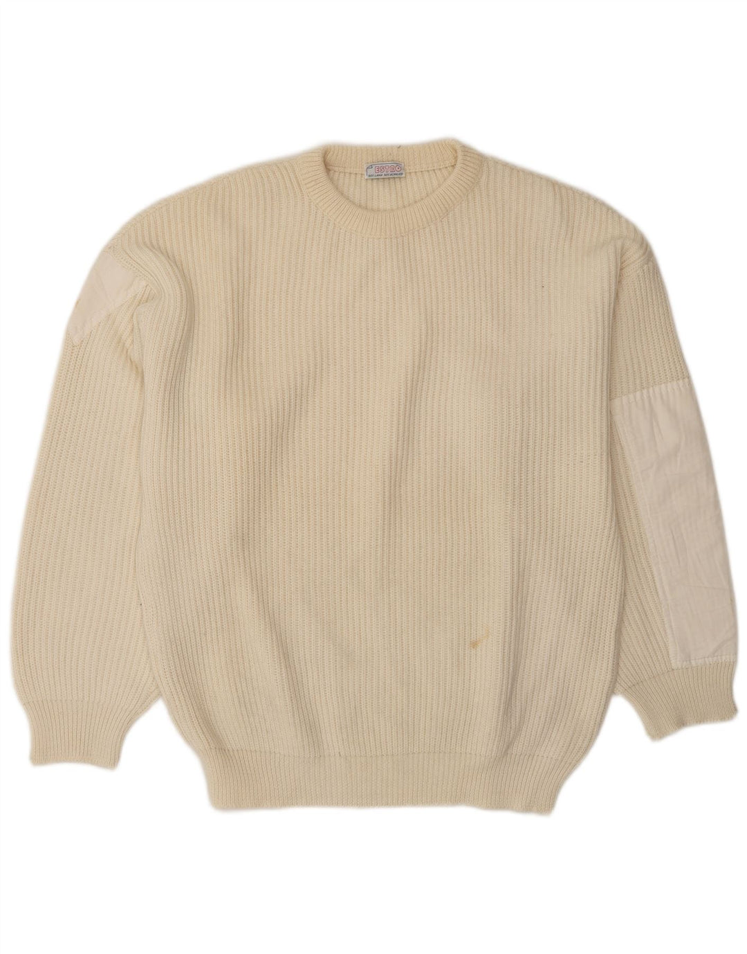 Vintage męski sweter z okrągłym dekoltem, duża beżowa wełna z blokami kolorów