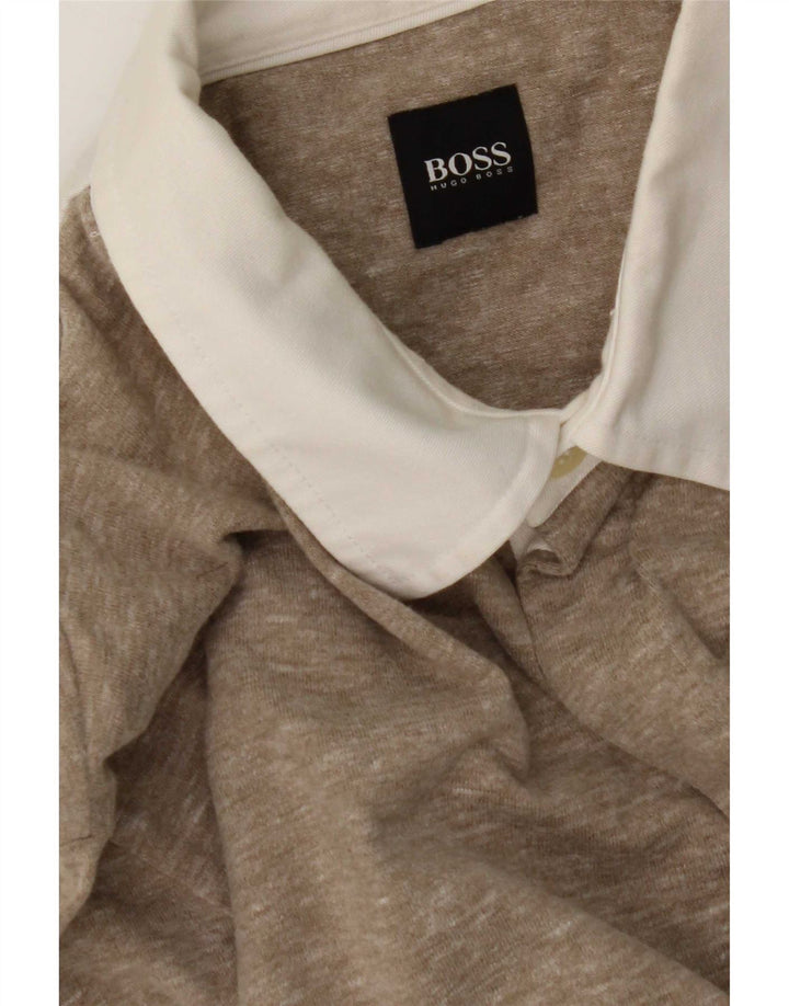 Męska koszulka polo z długim rękawem Hugo Boss, średnio beżowa, nakrapiana
