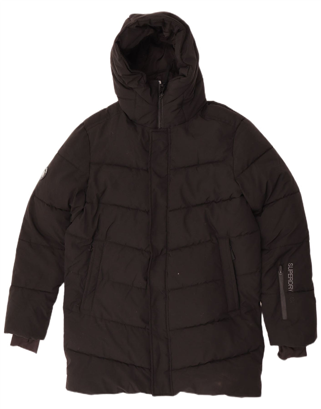 Damska kurtka parka z kapturem i grafiką Superdry UK 14, średnia czarna zimowa
