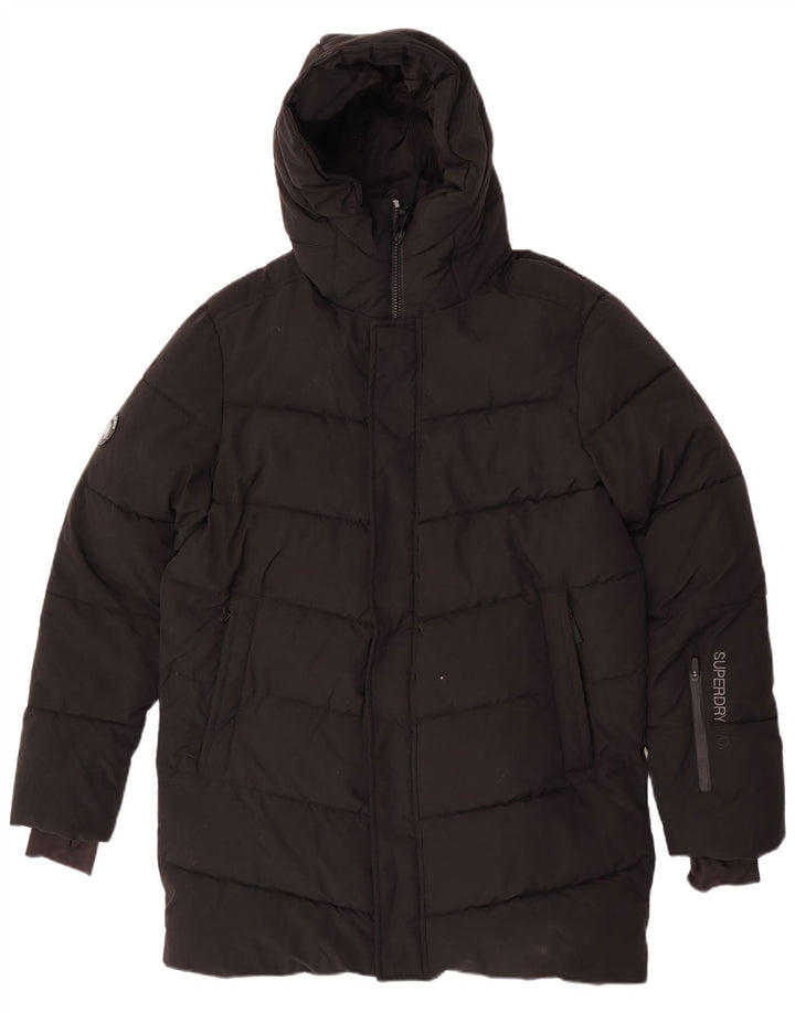 Damska kurtka parka z kapturem i grafiką Superdry UK 14, średnia czarna zimowa