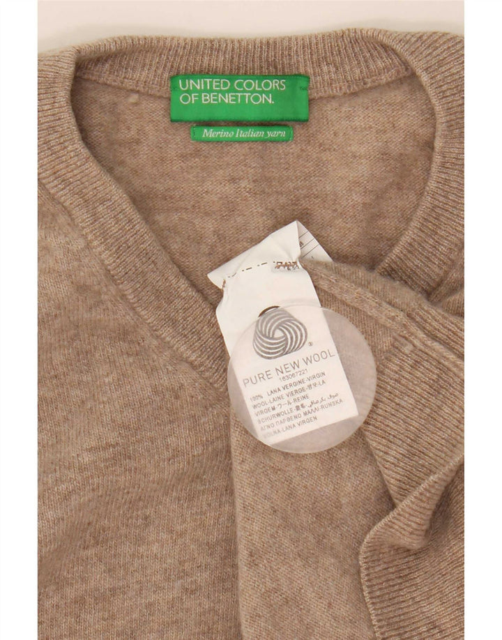 Męski sweter z dekoltem w kształcie litery V, Benetton, mały, beżowy, wełniany