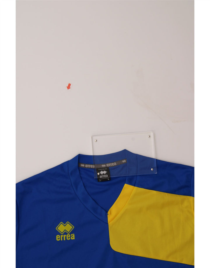ERREA Mens Graphic T-Shirt Top Large Blue Colourblock Polyester Vintage Errea and Second-Hand Errea from Messina Hembry 