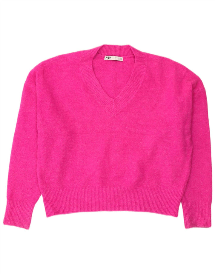 Sweter damski Zara Oversize z dekoltem w kształcie litery V, UK 14, średni różowy akryl